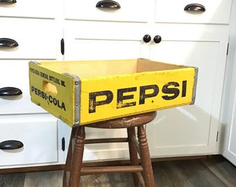Yellow Pepsi Crate, Vintage Soda Pop Bottle Wood Carrier Tray A2