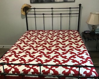 Edredón vintage con diseño de "Camino del Borracho", decoración rústica para casa de campo, rojo y blanco, hecho a mano, 83" x 71".