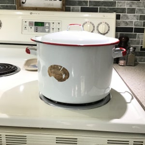 White Red Enamelware Pan / Pot with Lid 10 Inch