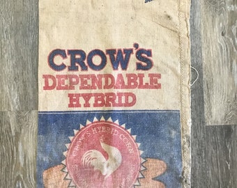 Vintage Crow’s Hybrid Corn Seed Sack, Rooster Seed Corn, Crow’s Hybrid Corn Co. Milford, Illinois, Nevada, Iowa