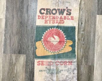 Vintage Seed Sack Crow’s Hybrid Corn Co. Milford, Illinois, Nevada, Iowa, Seed Corn, Feed Sack