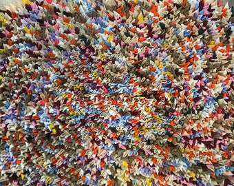 Vintage Handmade Scrappy Rag Rug, Oval Colorful Rug, Fabric Squares, Fabric Triangles, Rainbow Confetti