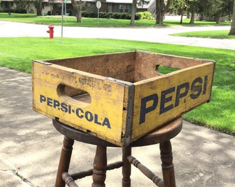 Vintage Yellow Pepsi Crate, Soda Pop Bottle Wood Carrier P3