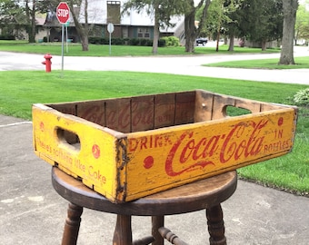 Yellow Coca Cola Crate, Soda Pop Bottle Wood Carrier P5