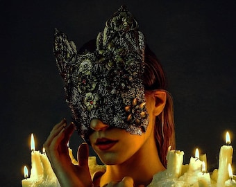 Cat Mask - Ready Made - Black With Red Crystals
