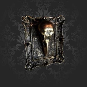 May include: A gold-colored bird skull mounted in a black ornate frame. The frame has a distressed finish and intricate details.