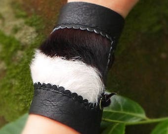 Black Leather Bracelet With Hairy Cowhide, Black Leather Bracelet, Cowgirl Bracelet, Bracelet, Boho Bracelt, Black Bracelet, Womens Bracelet