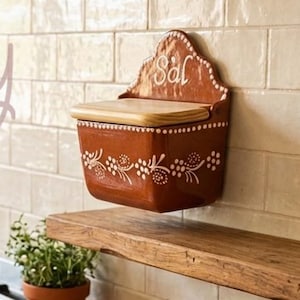Portuguese Ceramic Salt Cellar with Wooden Lid, Terracotta Wall Hanging Salt Box, Rustic Kitchen Salt Pig, Traditional Pottery Gift