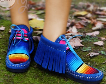 Moccasins,  Blue Serape Moccasins, Womens Moccasins, Blue Moccasins Boots, Blue Leather Boots, Mens Moccasins, Womens Boots, Cowgirl Boots