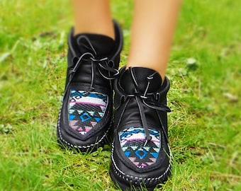 Black Leather Moccasins With Native American Tribal Fabric, Womens