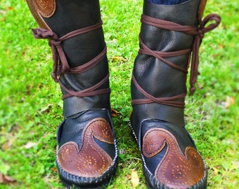 Handmade Celtic Black and Brown Leather Moccasins, Custom Fit, Triple Spiral Design, Comfortable Boots