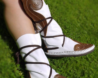Handmade White and Brown Leather Moccasins, Celtic Triple Spiral Design, Custom Fit Boots
