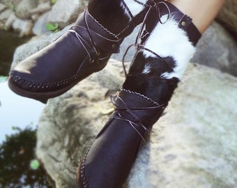 Handmade Brown Leather Moccasins with Hairy Cowhide, Custom Fit, Sheepskin Insoles (Optional)