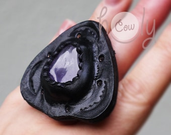 Handmade Adjustable Leather Ring, Ring, Leather Ring, Purple Gemstone Ring, Womens Leather Ring, Large Leather Ring, Hippie Ring, Boho Ring