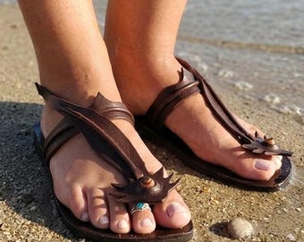 Handmade Full-Grain Leather Gecko Sandals, Unisex Hippie Style Women's Footwear