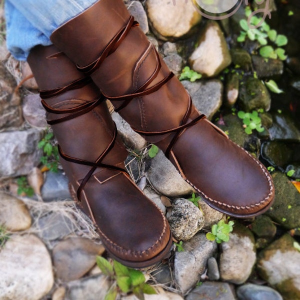 Mocasines de cuero marrón, Mocasines de hombre, Mocasines de mujer, Botas Boho de mujer, Botas hippies, Mocasín hecho a mano, Botas vikingas, Botas de cosplay