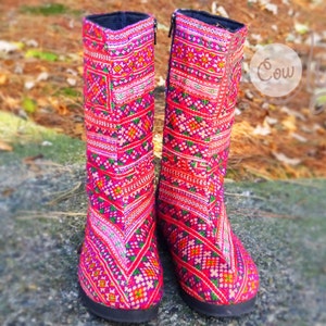 Women's Tribal Vegan Boots, Womens Boots, Tribal Boots, Vegan Boots, Hmong Boots, Hippie Boots, Boho Boots, Pink Boots, Ethnic Boots, Boots image 1