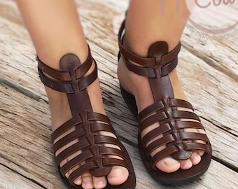 Handmade Brown Leather Gladiator Sandals, Boho Hippie Style