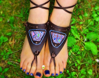 Buy Handmade Tribal Hmong Orange and Brown Leather Barefoot