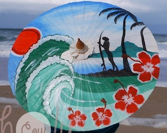 Handgeschilderde surfer op waterdichte parasol met GRATIS paraplutas, paraplu, hippieparaplu, boho-paraplu, surfer, handgeschilderde paraplu