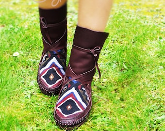 Brown Leather Moccasins With Tribal Fabric, Moccasins Women, Moccasin Boots, Moccasins Men, Mens Moccasins, Moccasins, Leather Moccasins