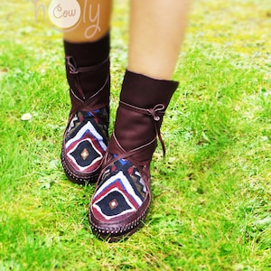 Brown Leather Moccasins With Tribal Fabric, Moccasins Women, Moccasin Boots, Moccasins Men, Mens Moccasins, Moccasins, Leather Moccasins