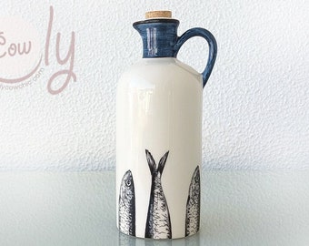 Handmade Ceramic Olive Oil Bottle With Cork Top And Sardine Design