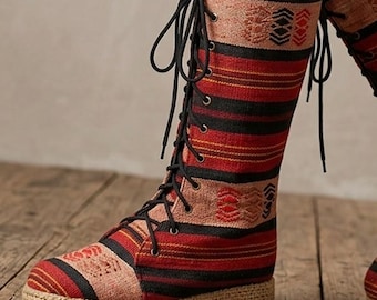 Stammes-Vegan-Stiefel, Frauen-Rote Stiefel, Stammes-Stiefel, Vegan Stiefel, Rote Stiefel, Hippie-Stiefel, Boho Stiefel, Baumwollstiefel, ethnische Stiefel