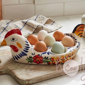 Hand-Painted Ceramic Chicken Egg Holder, Colorful Kitchen Decor Tray, FREE SHIPPING