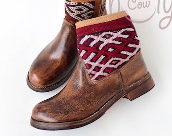 Women's Handmade Unique Brown Leather Kilim (Rug) Boots