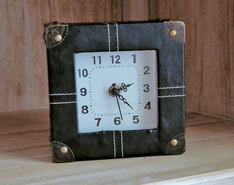 Black Tabletop Square Clock Made From Vegan Leather, Rustic Clock, Vintage Style Clock, Table Clock, Square Clock, FREE SHIPPING