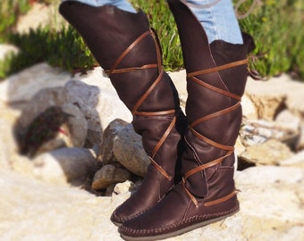 Bottes en cuir marron au genou, bottes hautes pour femmes au genou, bottes en cuir hautes au genou, bottes Renaissance, bottes Viking, bottes Cosplay, bottes de pirate