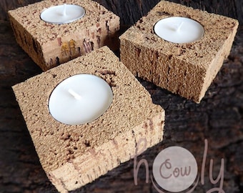 Set Of 3 Handmade Eco Friendly Tea Light Candle Holders Made From Raw Natural Cork, Set of 3 Cork Candle Holders, 3 Rustic Candle Holders