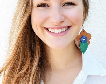 Handmade Leather Boho Chic Flower Power Earrings