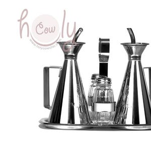 Handcrafted Anti Drip Stainless Steel Oil & Vinegar Bottle Set With Salt And Pepper Shakers On A Stainless Steel Stand, FREE SHIPPING