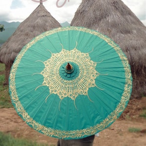 Hand Painted Turquoise Parasol With FREE Umbrella Bag, Turquoise Umbrella, Green Umbrella, Wedding Parasol, Wedding Gift