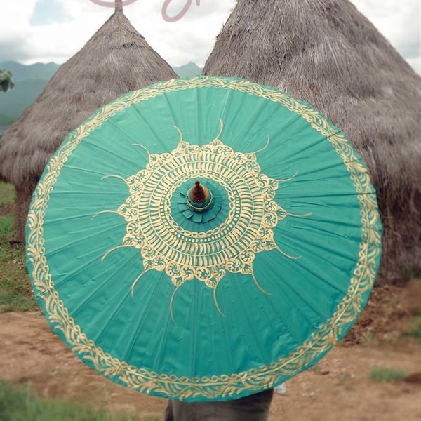 Parasol turquoise peint à la main avec sac parapluie gratuit, parapluie turquoise, parapluie vert, parasol de mariage, cadeau de mariage