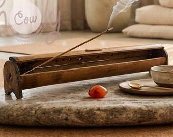 Hand Carved Bamboo Incense Box Burner, Rustic Wooden Holder