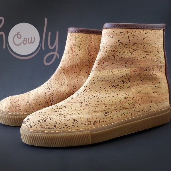 Eco Friendly Brown Vegan Boots Made From Cork, Vegan Boots, Cork Shoes, Vegan Brown Shoes, Cork Boots, Vegan Moccasins, Cork Moccasins