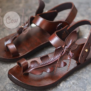 Handgemachte braune Leder-Sandalen, Damen-Sandalen, Herren-Ledersandalen, Ledersandalen Frauen, Hippie-Sandalen, Blatt-Sandalen, Herren-Sandalen