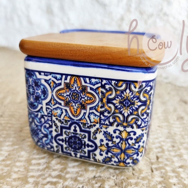 Ceramic Container With Wooden Lid And Decorated With Hand Painted Portuguese Tiles,  Sugar Box, Salt Box, Salt Holder, FREE SHIPPING