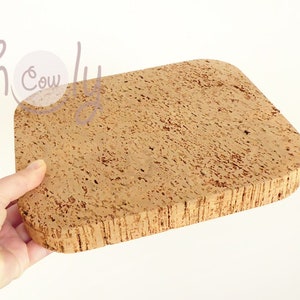 Pode incluir: Um descanso de panela retangular de cortiça de cor castanho natural com uma superfície áspera e texturizada.