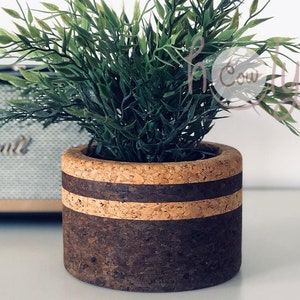 May include: A small, round, cork planter with two brown bands around the middle. The planter is filled with a green leafy plant.