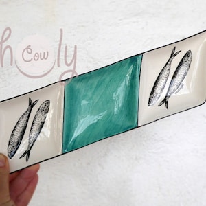 Handmade Ceramic Appetizer Tray With Fish Sardines Decoration, Party Snack Tray, Olive Server, Salsa Bowl, FREE SHIPPING