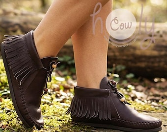 Handmade Brown Leather Moccasins, Fringe Ankle Boots, Unisex Shoes