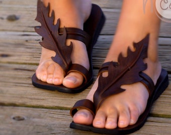 Handmade Brown Leather Leaf Sandals, Womens Sandals, Leather Sandals Women, Hippie Sandals, Cowgirl Sandals, Leaf Sandals, Men's Sandals