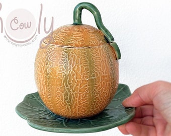 Hand Crafted Ceramic Melon Bowl With Lid On Leaf Plate, FREE SHIPPING