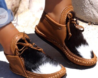 Handmade Leather Moccasins with Hairy Cowhide, Custom Fit