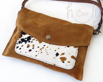 Handmade Leather Suede Cross Body Shoulder Bag With Funky Hairy Cowhide With Adjustable or Detachable Leather Strap