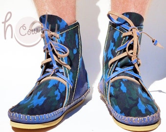Blue Leather Moccasins With Leather Army Camouflage Print, Blue Moccasin Boots, Moccasins Women, Moccasins Men, Womens Moccasins, Army Boots